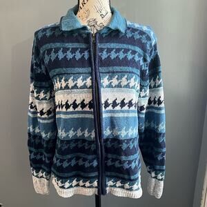 Vintage Erika & Co blue white and black striped patterned collared zip up jacket